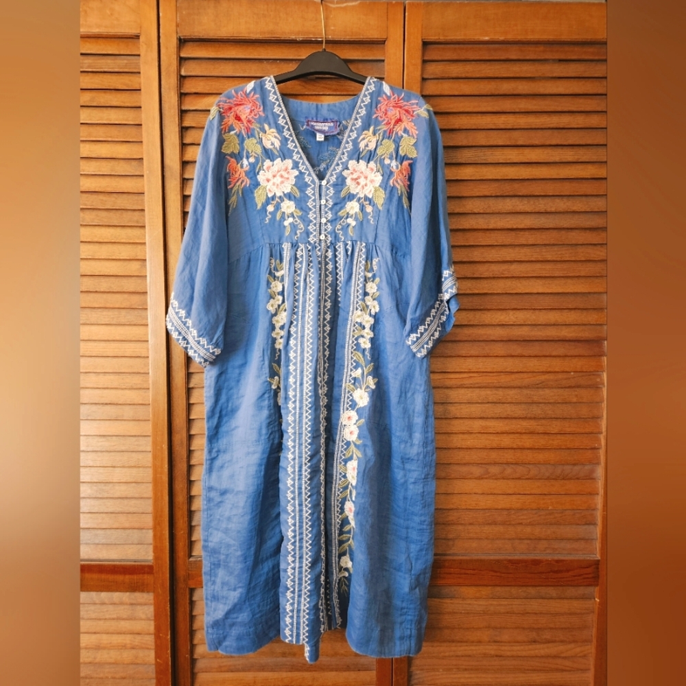 Johnny Was Embroidered Blue Kimono Sleeve Midi Dress XS/S